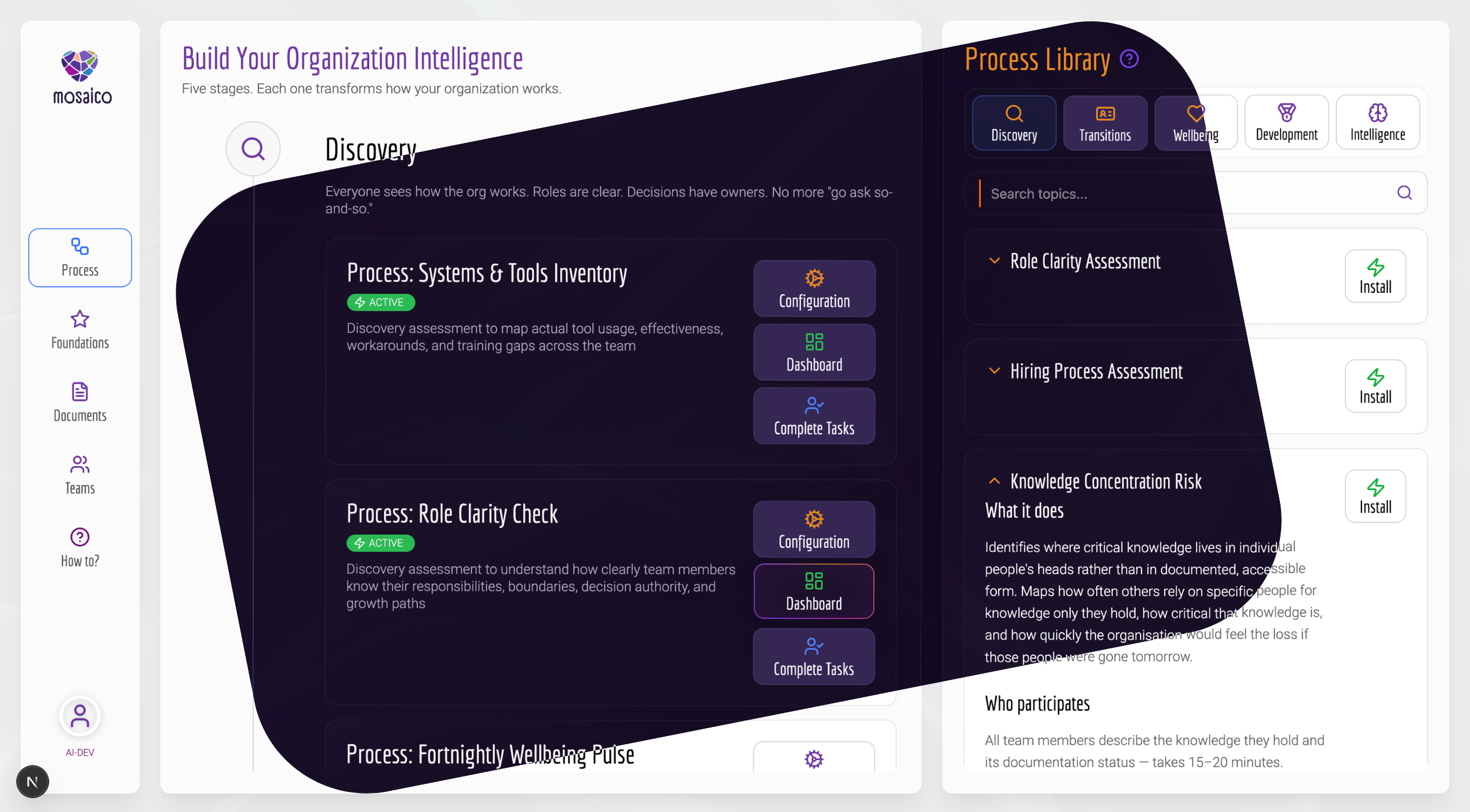 Mosaico Process screen rendered in two themes side by side, demonstrating theme-neutral component design